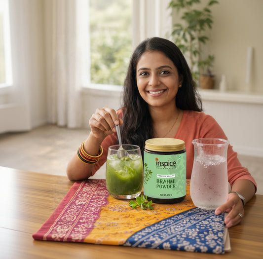 Woman enjoying a Brahmi Powder drink with Inspice Brahmi Powder