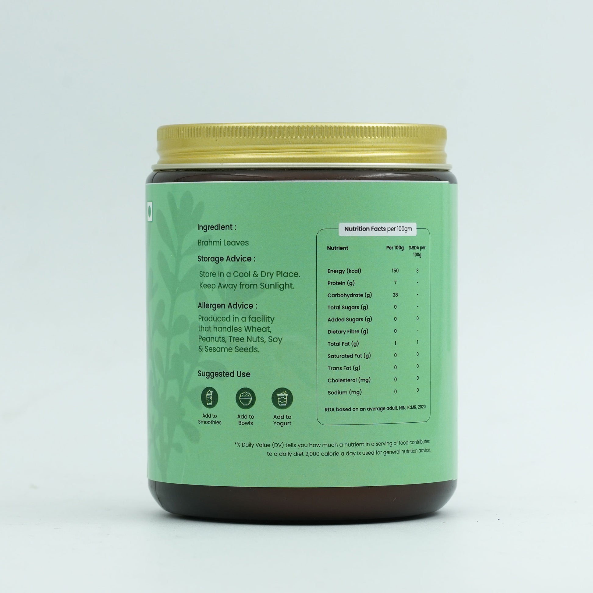 Close-up of Inspice Brahmi Powder showing its vibrant olive-green color and silky, clumpless texture