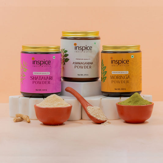 Inspice Health Essentials Combo – Shatavari, Ashwagandha & Moringa packs