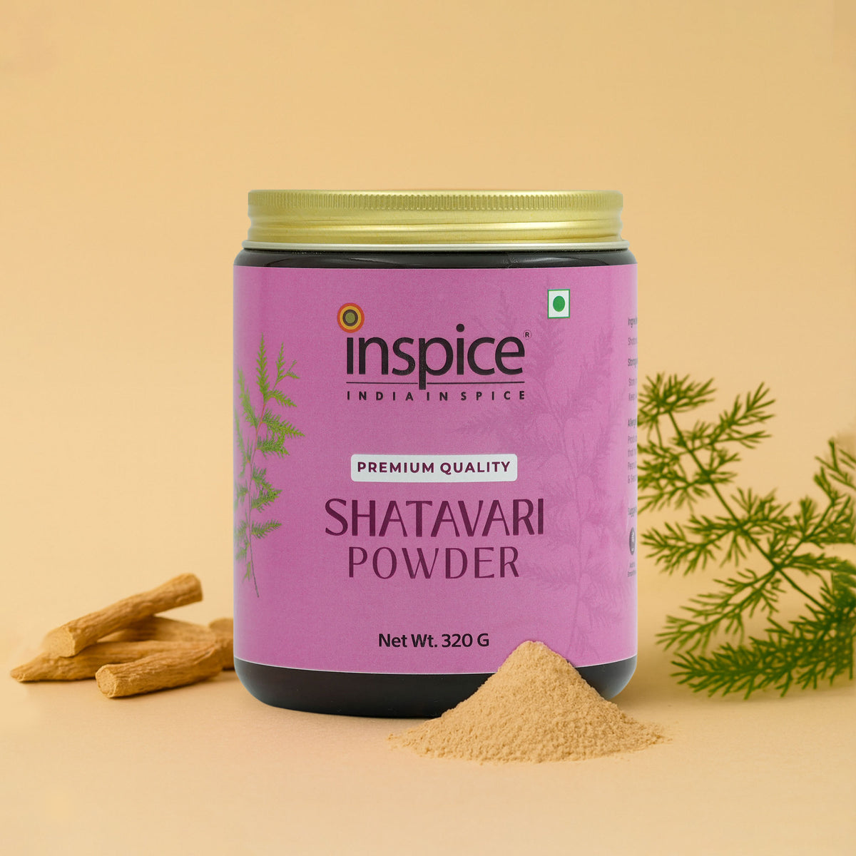 Inspice Shatavari Powder 320g pack showing natural color and traditional Indian branding